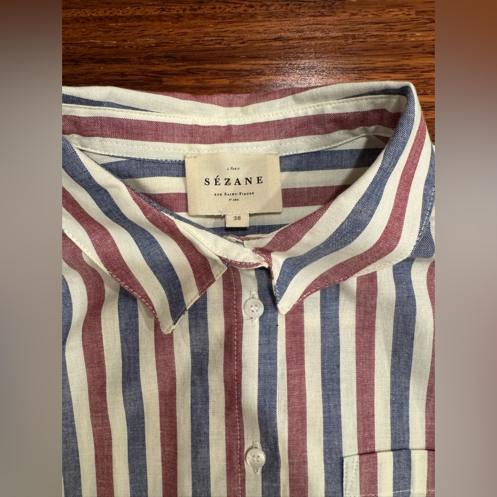 Sezane Striped Button-Down Shirt in Red, Blue, White - Picture 2 of 6